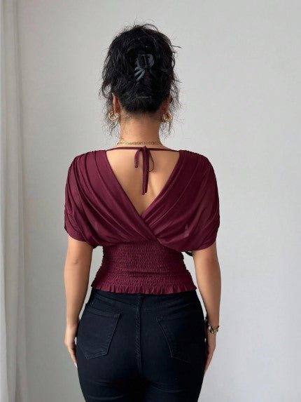 Elenzga Women's Elastic Mesh Lining Fabric Elegant Vacation Beach Casual French Romantic Crossover Shirred Gathered Shoulder Sleeve Waist Ruched Stretchable Ruffle Hem T-Shirt, Suitable For Outdoor And Commute, Spring/Summer