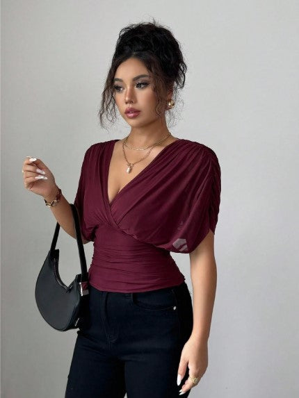 Elenzga Women's Elastic Mesh Lining Fabric Elegant Vacation Beach Casual French Romantic Crossover Shirred Gathered Shoulder Sleeve Waist Ruched Stretchable Ruffle Hem T-Shirt, Suitable For Outdoor And Commute, Spring/Summer