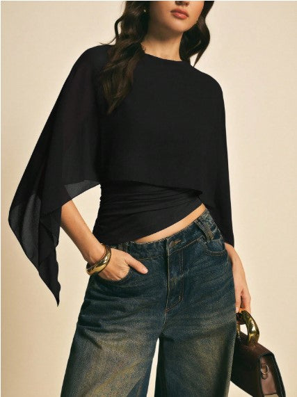 Poéselle Women's Elegant Solid Color Shawl Collar Blouse